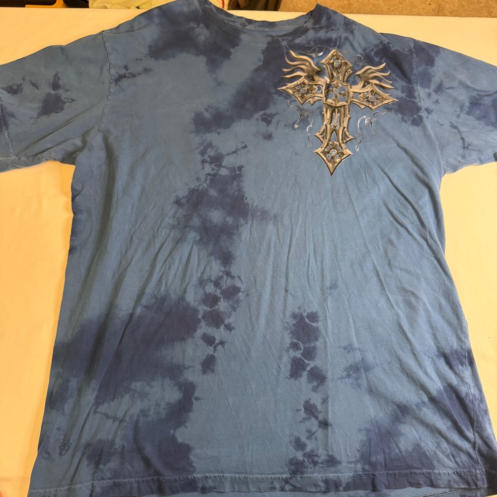 Affliction Live Fast Mens 3XL Blue Tie Dye Gothic Winged Cross T-Shirt MMA Y2K